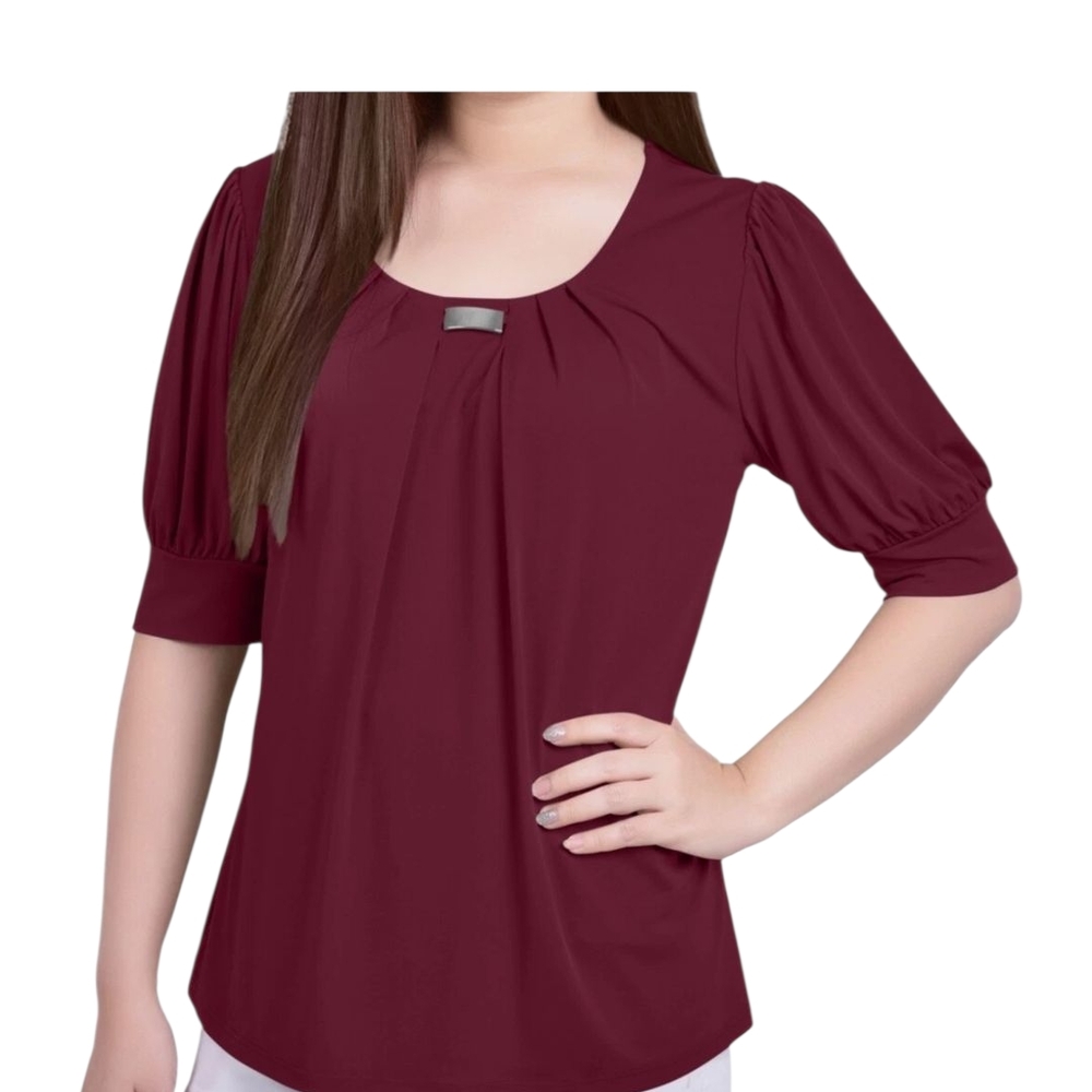 NY Collection Burgundy 3/4 Sleeve Curved Neckline Petite Womans Top L